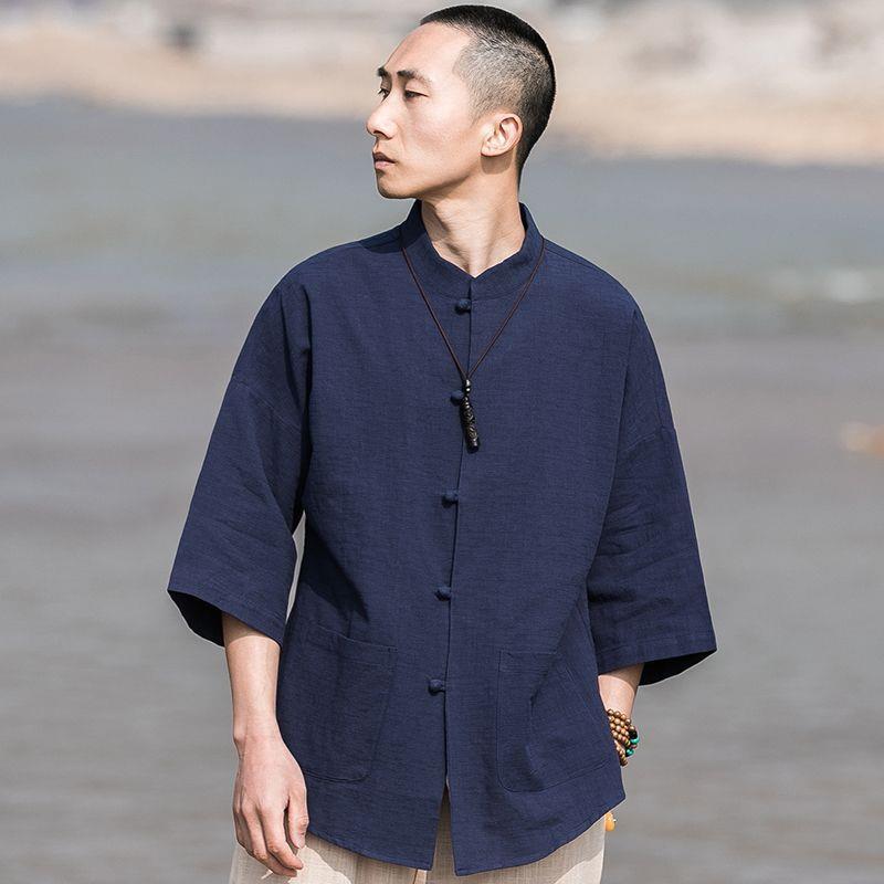 Camicia da Uomo Stile Cinese Retro Tuta Tang - Top a Maniche Lunghe in Lino Cotone