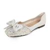 Grandma Shoes Women's Autumn 2025 Flat Bottom Ladyshoes Rhinestone Bow Large Size Women's Shoes 41-43 Square Head Beanie Shoes Flat Heel