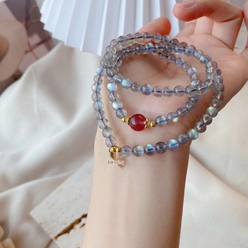 Natural Gray Moonstone Labradorite Aquamarine Triple Beaded Bracelet Necklace for Women - High Shine