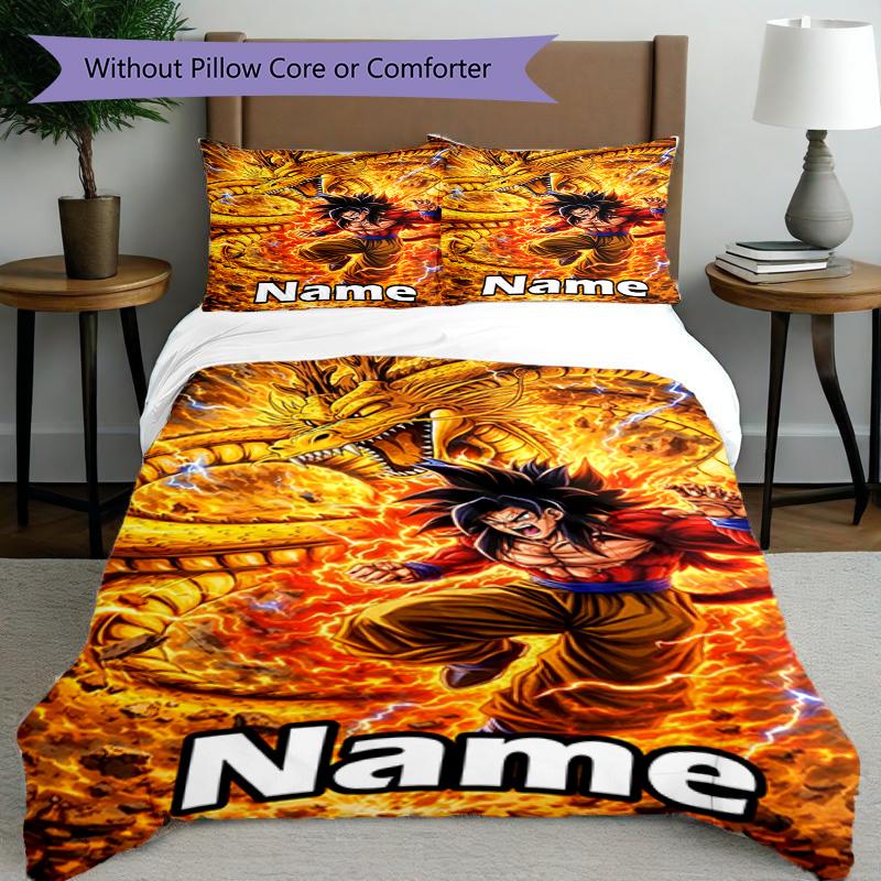 3pcs Duvet Cover Set (1*Duvet Cover + 2*Pillowcase, Without Core), Custom Name DRAGON BALL Pattern Bedding Set, Home Bedroom Decor Gift