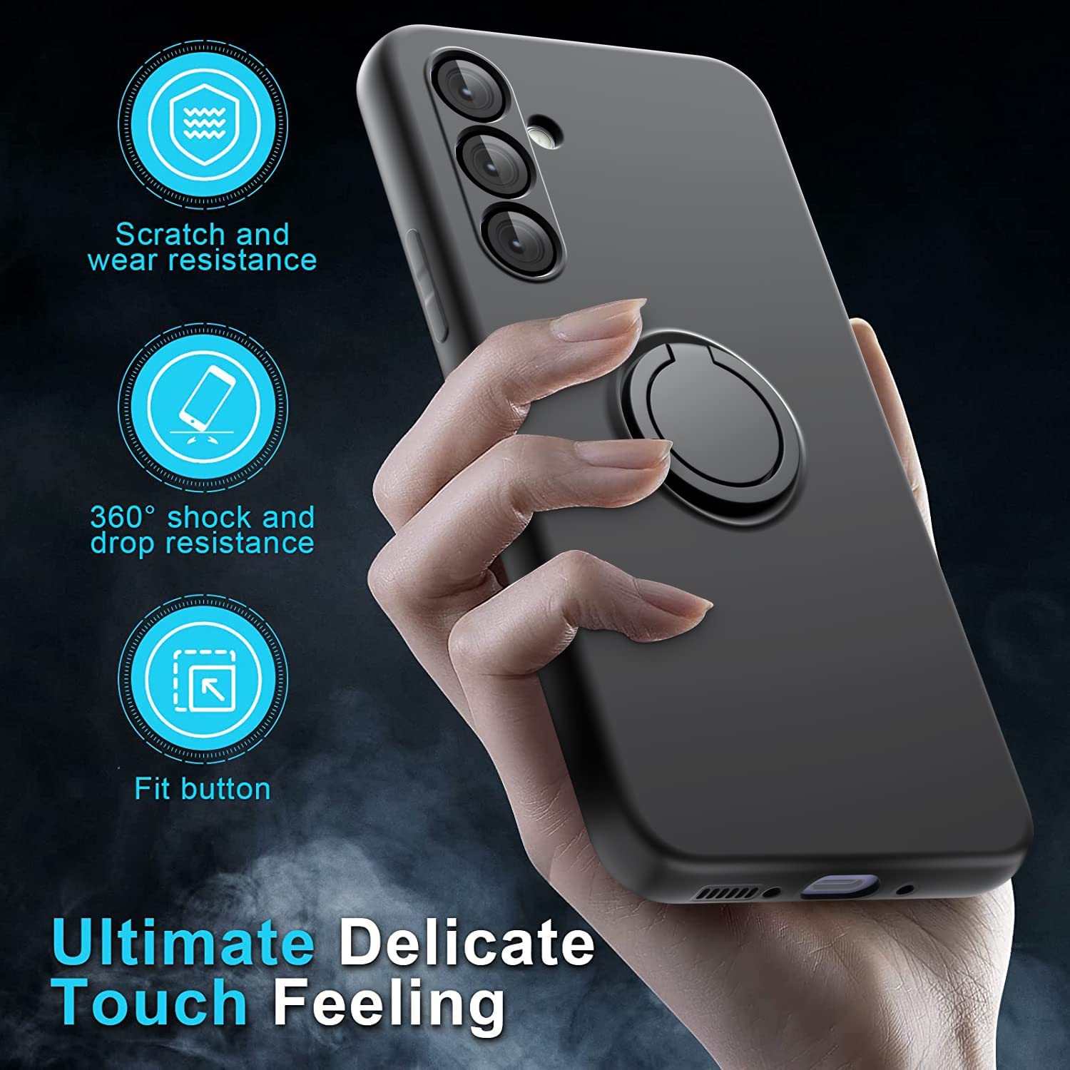 

For Samsung Galaxy A55 5G Case Kickstand Liquid Silicone Cover with 2.5D Arc Edge Tempered Glass Film Black