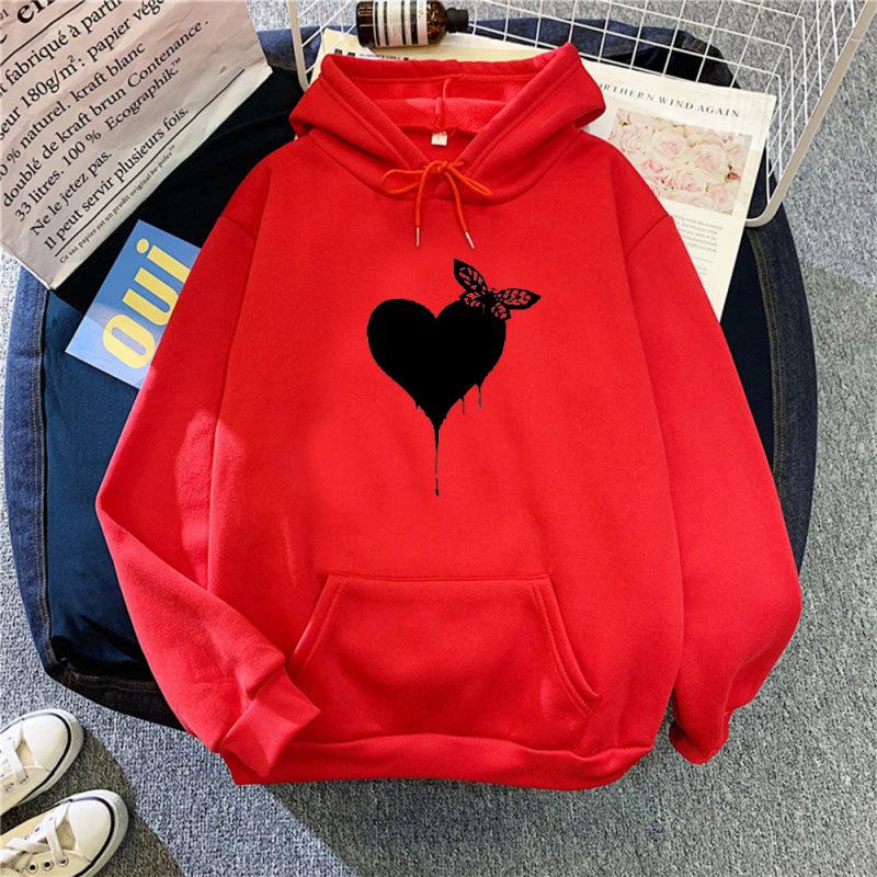 Autumn 2025 Women's Love Heart Print Hooded Jacket: Casual Versatile Plus Velvet Hoodie