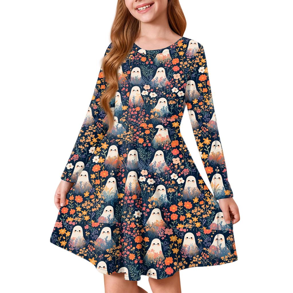 Girls' Summer Princess Dress Halloween Day- Long Sleeve A-Line T-Shirt Dress