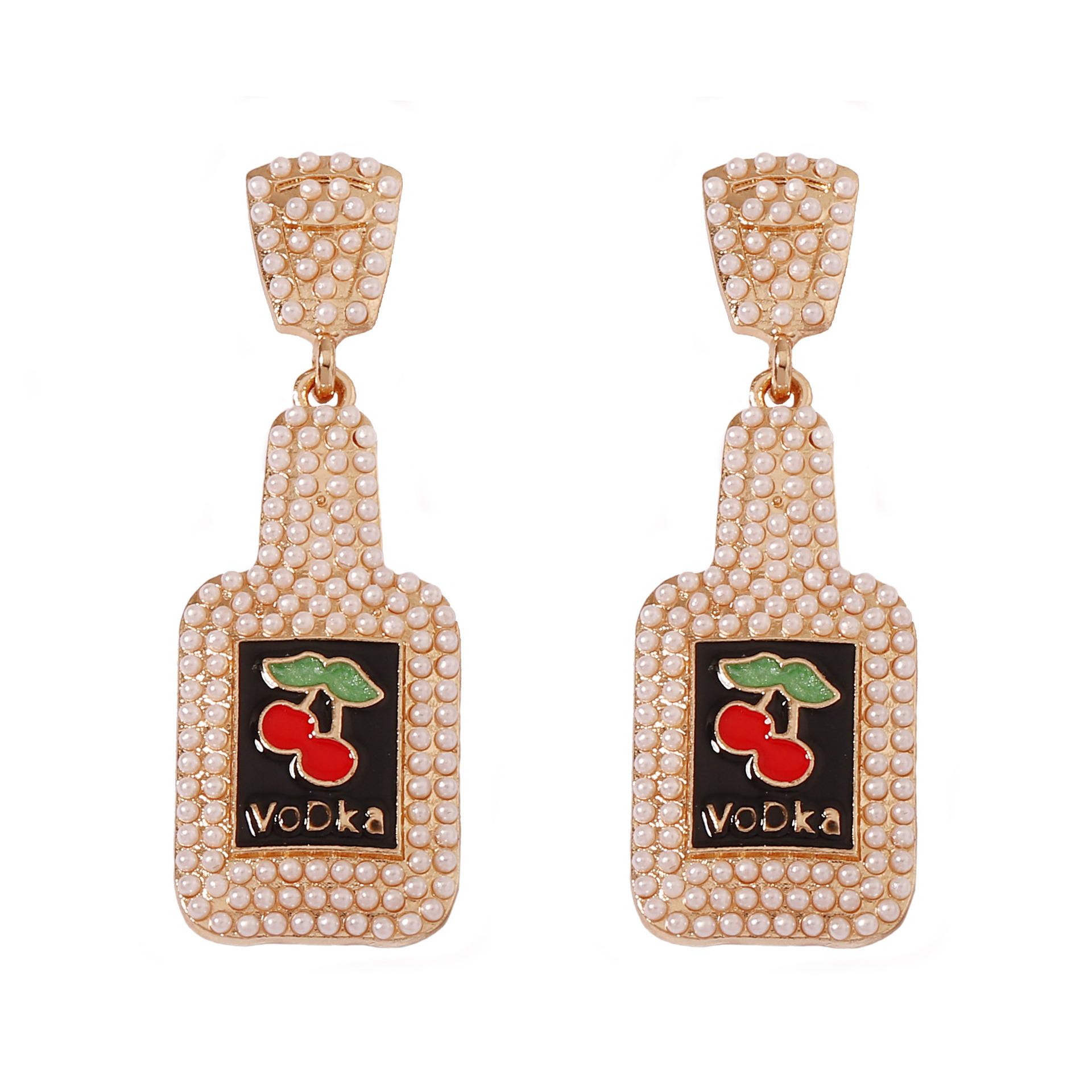 New creative fashion drip alloy imitation pearl geometric wine bottle earrings personality temperament light luxury women