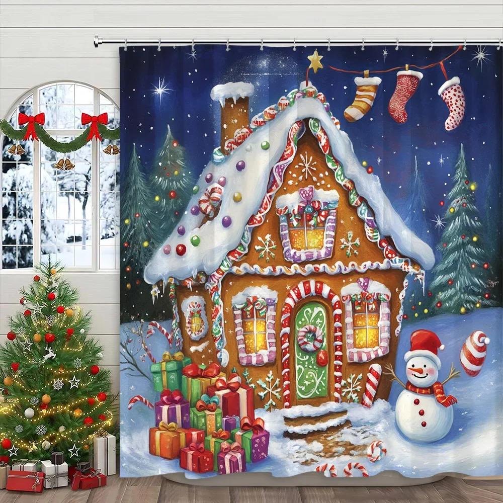 Christmas Snowman Shower Curtain Santa Claus Christmas Gifts Snow Printed Polyester Fabric Home Decor Shower Curtain With Hook