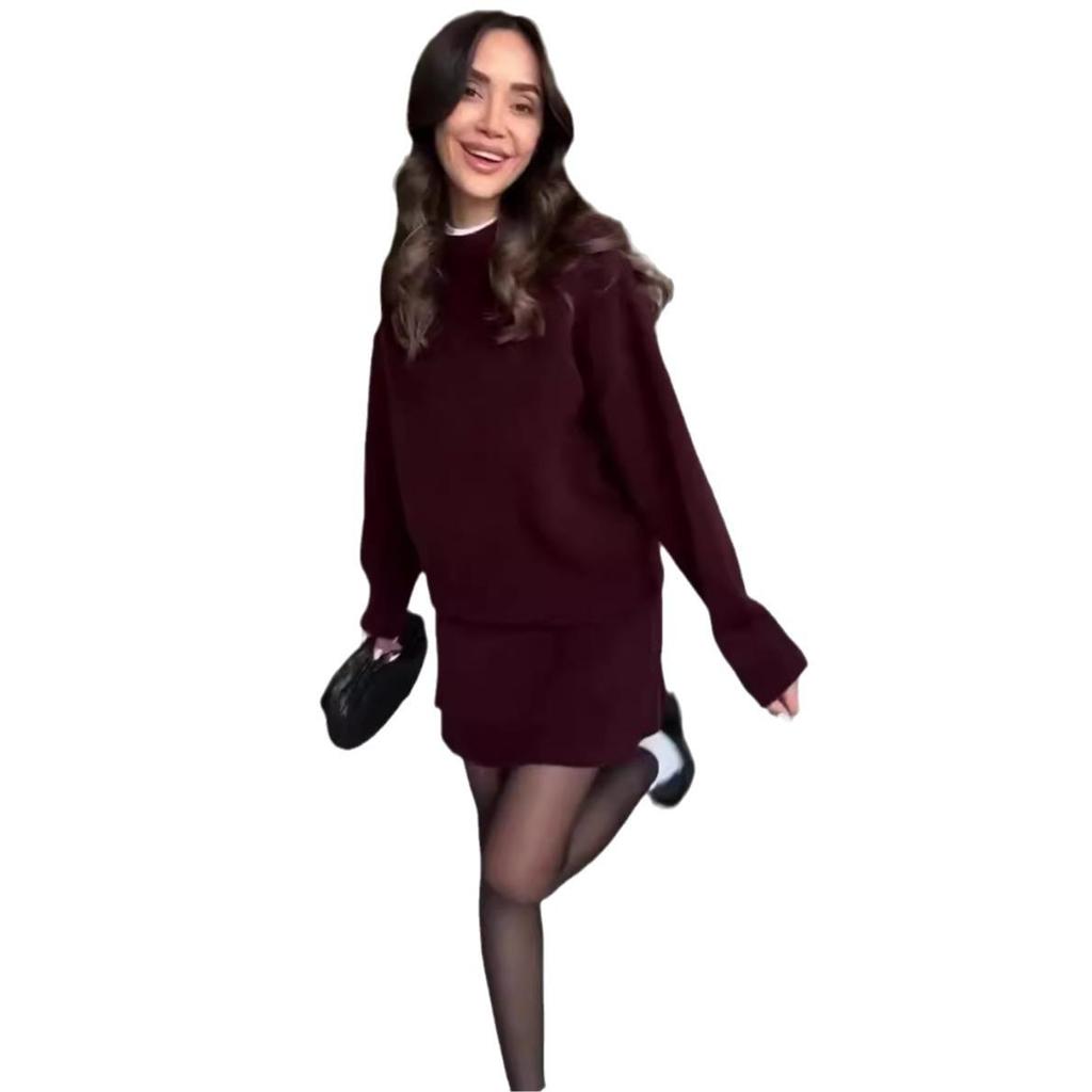 2024 Herbst Einfarbig Lässig College-Stil Gestrickter Pullover Rock Anzug für Damen