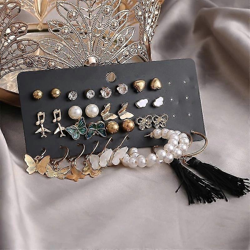 17 Pair Set Retro Imitation Pearls Butterfly Tassel Earrings  Heart Rhinestone