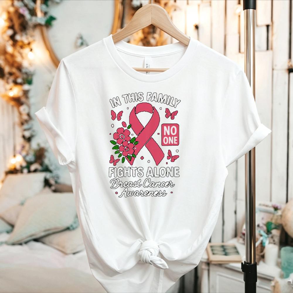 In This Family No One Fights Alone TShirt Breast Cancer Awareness Family Support Graphic Tee Ribbon Butterfly Flower Cotton Top