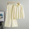 New Autumn and Winter Fashion and Versatile Set for Women: Solid Color Semi-zipper Stand-up Collar Knitted Top and Wide-leg Pants