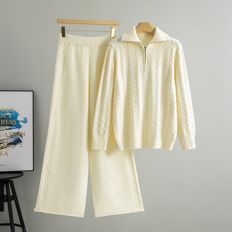 New Autumn and Winter Fashion and Versatile Set for Women: Solid Color Semi-zipper Stand-up Collar Knitted Top and Wide-leg Pants