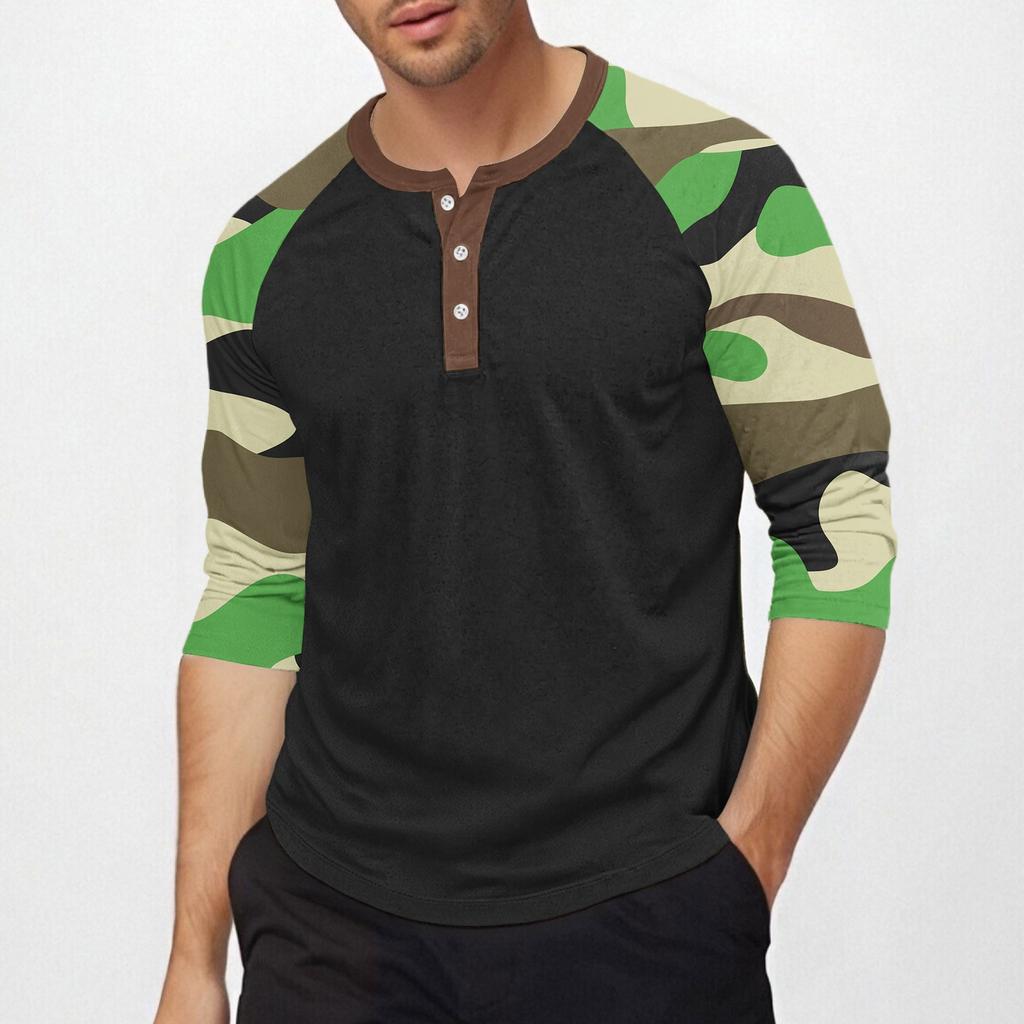 Men's Top with Three-quarter Sleeves and Camouflage Print