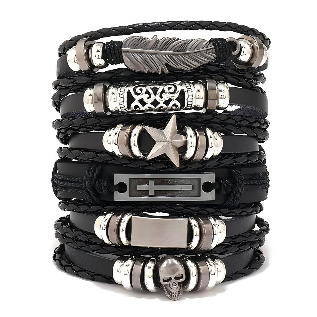 Skull head alloy accessory set of five pieces, cowhide bracelet, direct supply for jewelry
