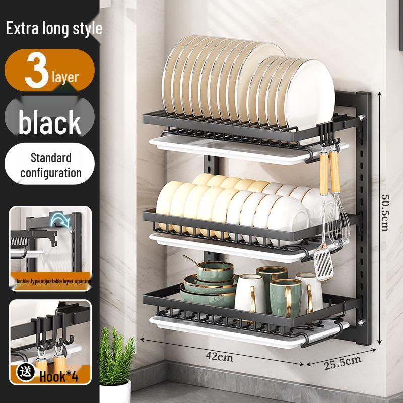 Wall-Mounted Punch-Free Kitchen Dish & Plate Rack with Bowl and Chopstick Storage