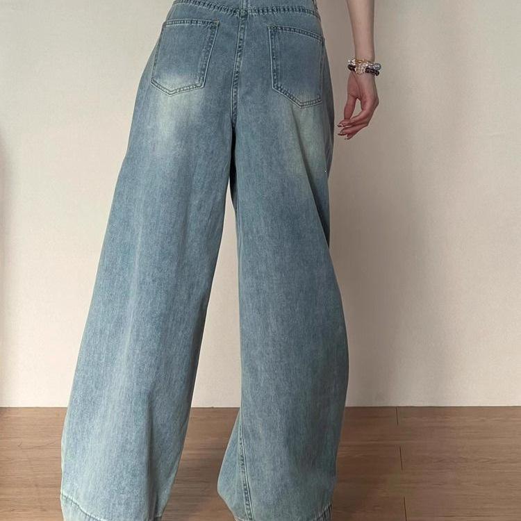 Women's Retro High-Waisted Wide-Leg Jeans - Summer Loose Fit, Slimming Drape, Floor-Length Pants