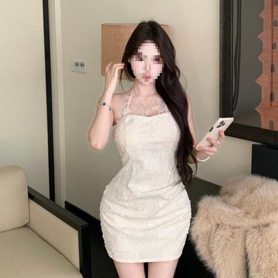 French Pure Lace Flower Neck Sling Dress Women's High-end Birthday Slim Dress Hip Wrap Short Skirt