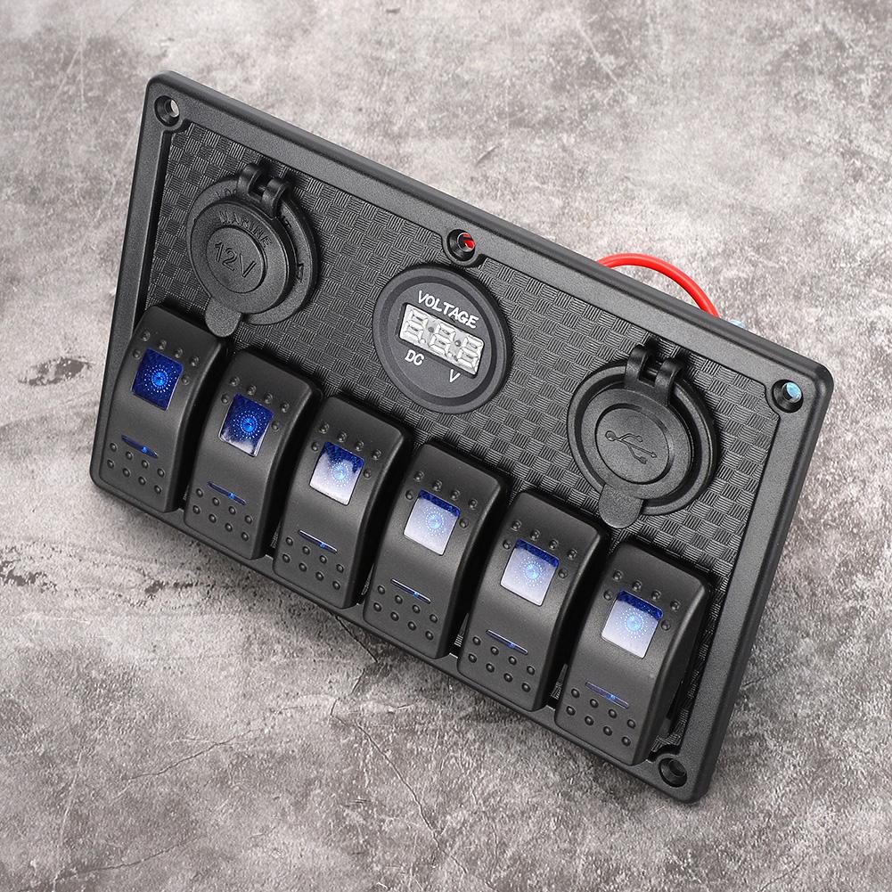 12V‑24V 6 Gang Rocker Switch Panel with Cigarette Lighter Socket 2 USB Voltmeter Display for Car Boat Truck RV