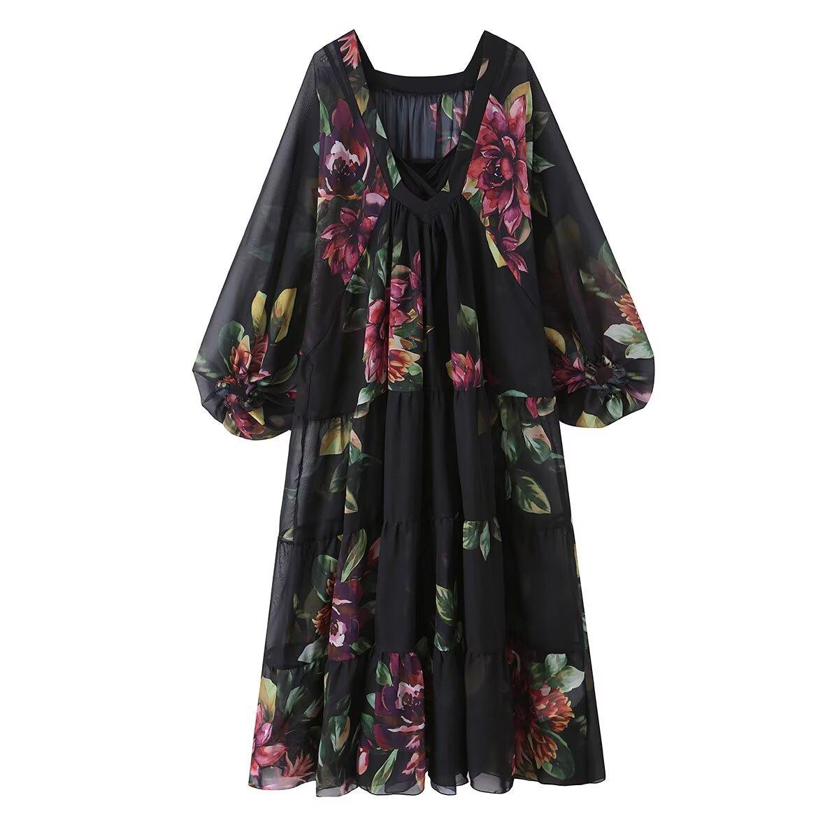 European and American style, new women s clothing, chiffon printing loose pendulum inner knitted suspender dress S