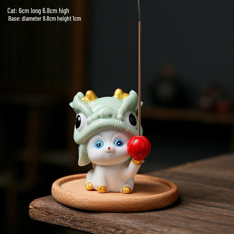 Ceramic Cat Incense Holder: Cute Lion Dance Pet Ornament for Home Décor.