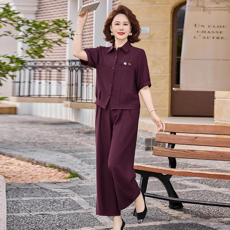 

2026 Mom s Summer Fashion: Short-Sleeved Shirt & Wide-Leg Pants Set for Middle-Aged and Elderly Women 3XL