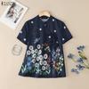 ZANZEA Women Summer Floral Print Casual Short Sleeve Lace Up Blouse