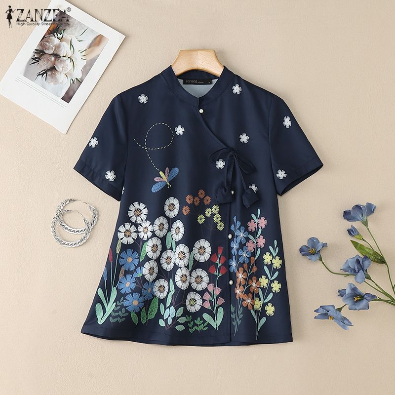 ZANZEA Women Summer Floral Print Casual Short Sleeve Lace Up Blouse
