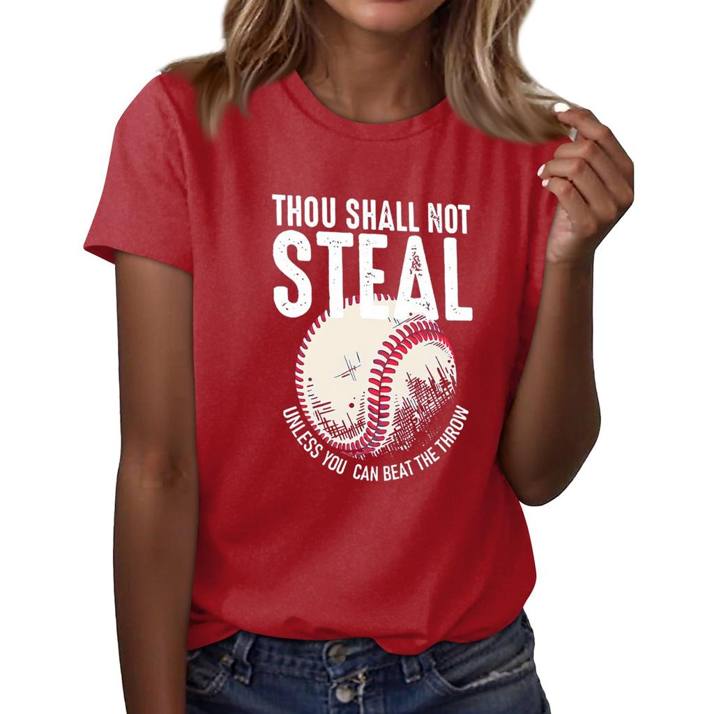 Women's Casual Baseball Print T-shirt Round Neck Pullover Short Sleeve Top