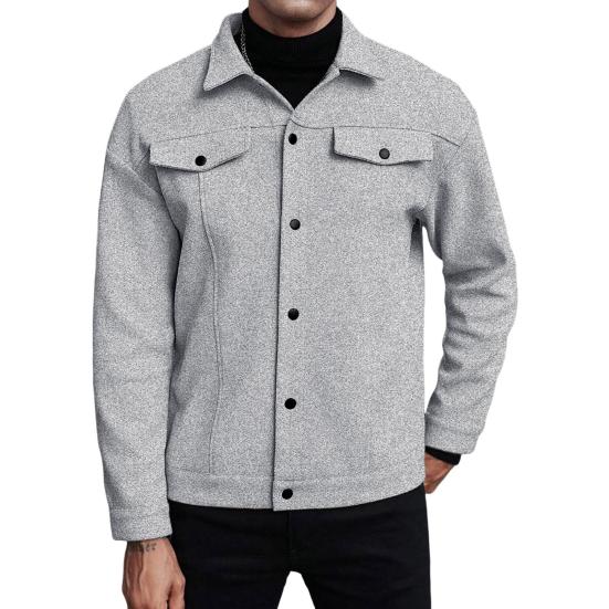 Men Jacket Woolen Lapel Design Long Sleeve Solid Color Coat with Flap Pockets Design