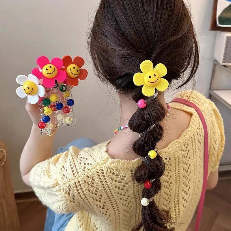 1PC New Lovely Beaded Big Flowers Elastic Spiral Hair Rope Head Rope Ponytail Hair Ring Rubber Band Headdress For Kids