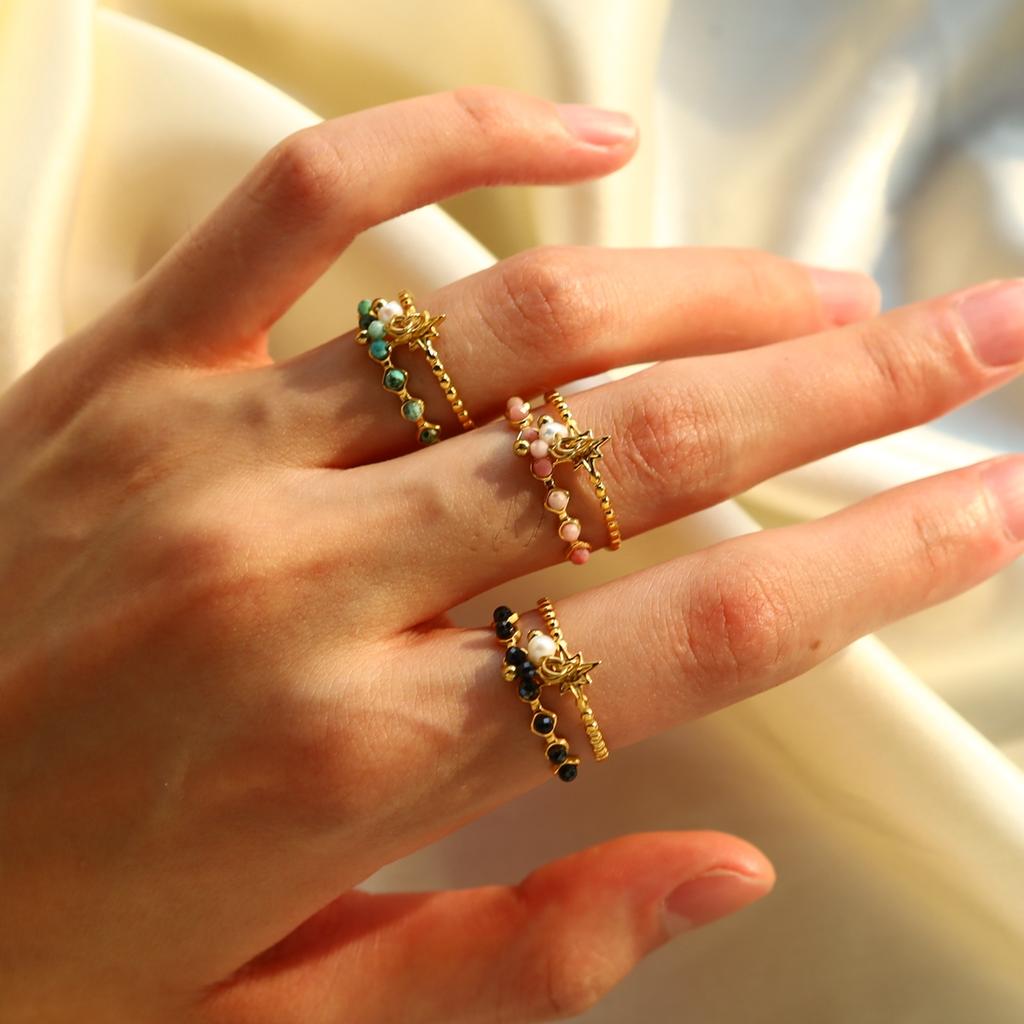 Trendy Stainless Steel Rings for Women Creative Natural Stone Crystal Charms Aesthetic Adjustable Ring Jewelry