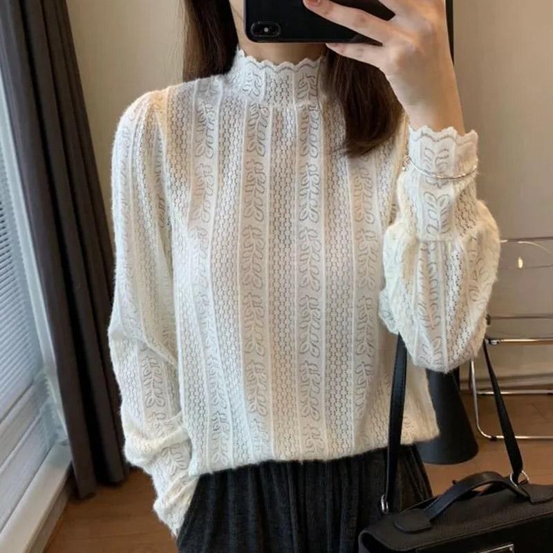 Sweater for Women Autumn Winter Thickened Pullover Warm Lace Trim Stretchy Long Sleeve Half-high Neck Oversize Jumper Tops