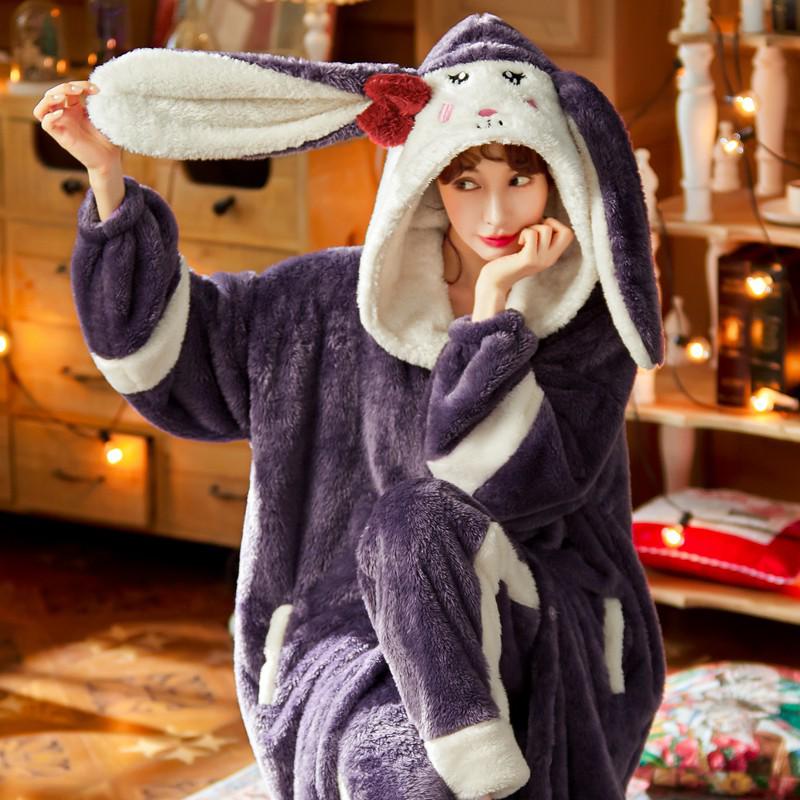 Women's Thickened Flannel Pajama Set - Coral Fleece Long Robe for Autumn/Winter