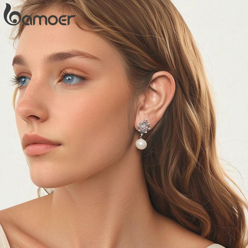 BAMOER Starlight Pink Shell Earrings for Women Trendy White Gold Plated Pearl Drop Dangle Earrings Wedding Party Daily Jewelry