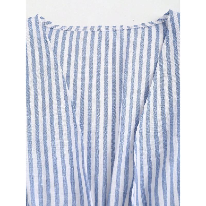 2025 New Autumn Women's Spliced V-neck Temperament Striped Long-sleeved Lace-up Shirt