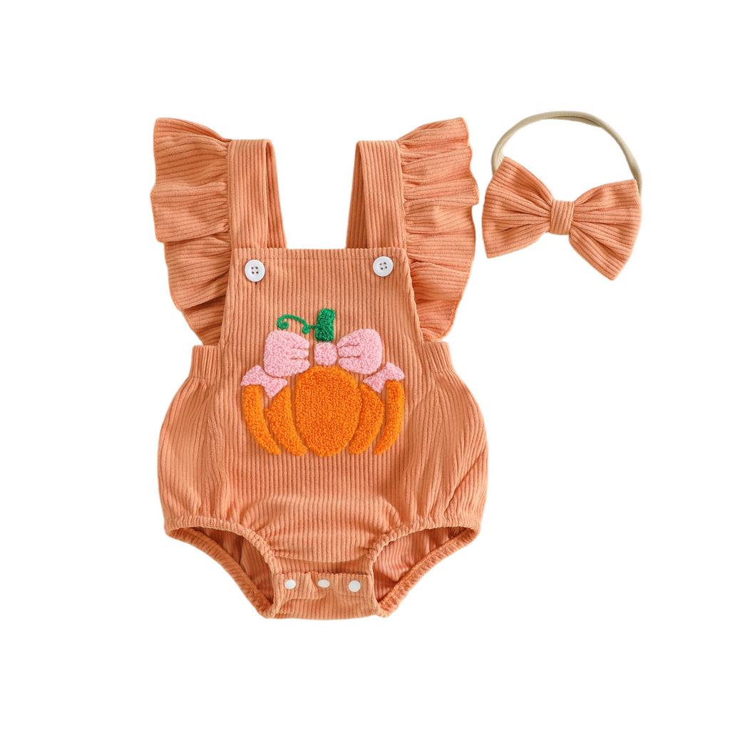 Citgeett Summer Halloween Infant Baby Girl Halloween Outfit Pumpkin Flying Sleeve Romper Bow Headband Clothes