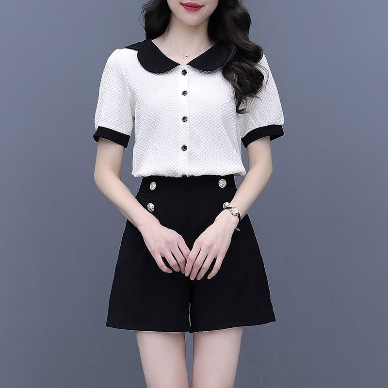 Women's Summer Color Block Doll Collar Two-Piece Set: Short Sleeve Top & Shorts