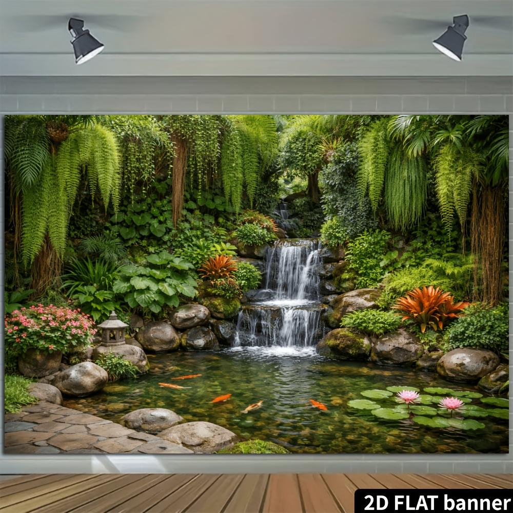 1Pcs Japanese Garden Waterfall Lotus Koi Fish Decoration Background Zen Backdrop Decorations For Photo Studio Photo Booth Party
