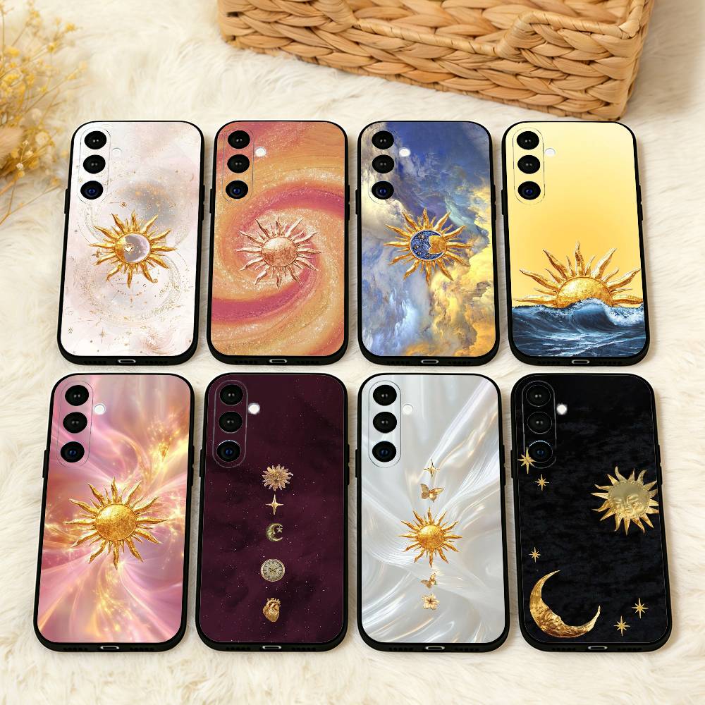Gilded Sun and Moon Phone Case For Samsung A73,72,71,A52,51,40,41,A22,A32,31,A13, Soft Black Shell