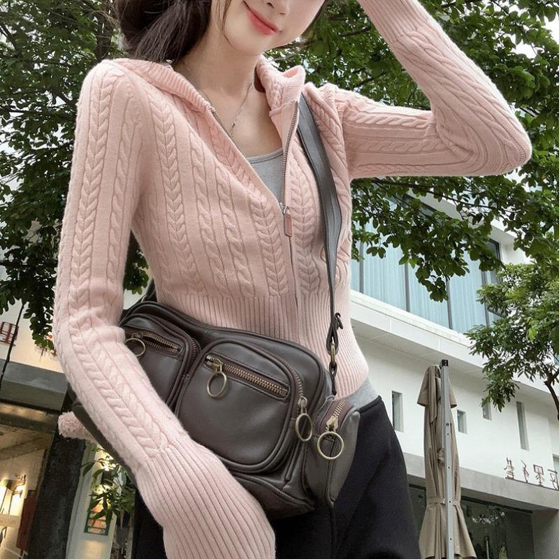 Spring and Autumn New Gentle Wind Twist Hooded Knitted Cardigan Female Slim Skinny Short Sweater Jacket Top