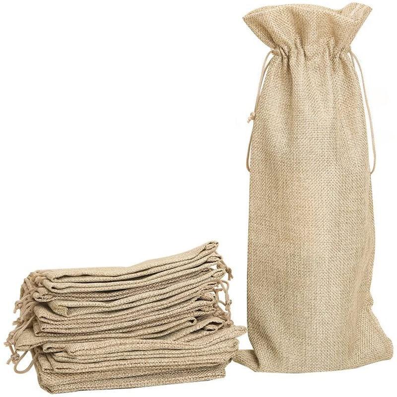 12 Sets Christmas Red Wine Bottle Covers Party Gift Bag Drawstring Bag Champagne Bottle Wrapping Bags with Linen Rope Tags