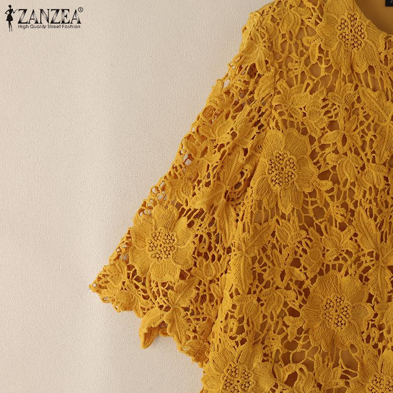 ZANZEA Womens Casual 3/4 Sleeve Lace Crochet Patchwork Loose Blouse