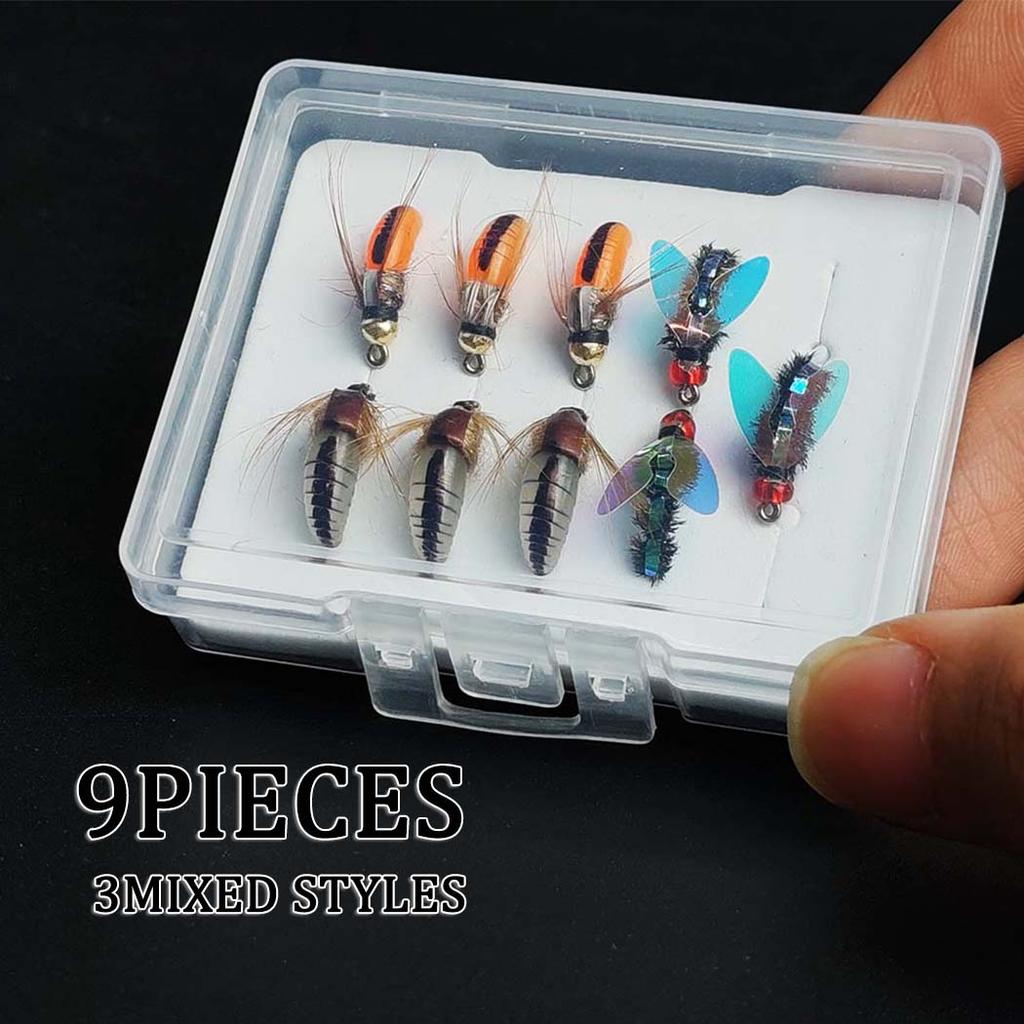 Set da 9 Pezzi Mosche Secche Pesca a Mosca Laser Doppia Ala Mosche Artificiali Esca, Ninfa, Ninfa con Testa in Ottone Esca, Lure per Pesca Trota Salmone