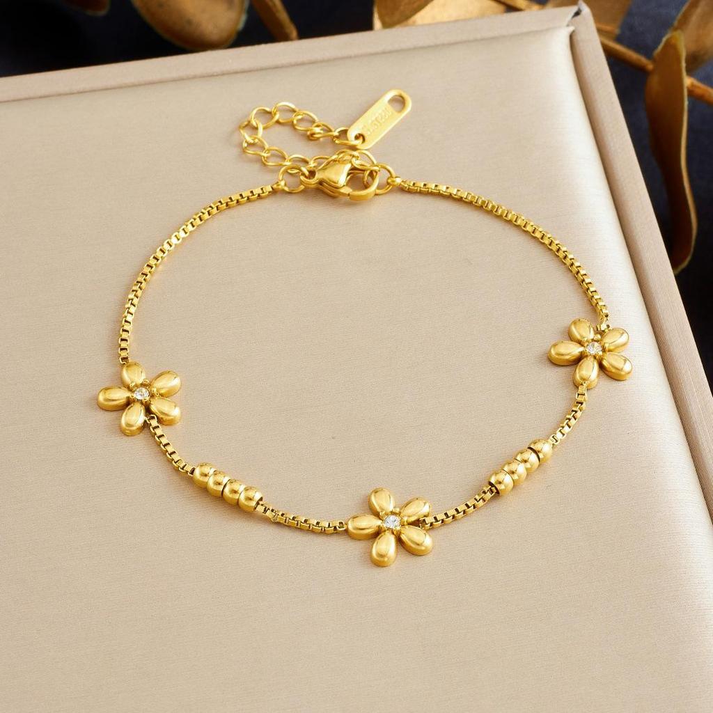Gold-Plated Rhinestone Flower Bracelet with Stainless Steel Beaded Chain