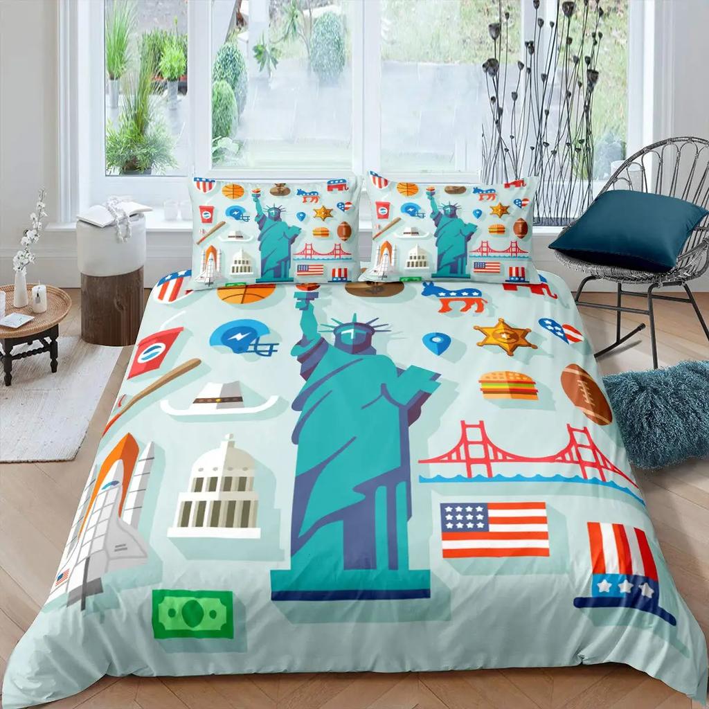 Freiheitsstatue Bettbezug Hip Hop Doppelgröße Friedenszeichen Liebesherz Bettwäscheset Amerikanische Augen Bunt Polyester Steppdecke