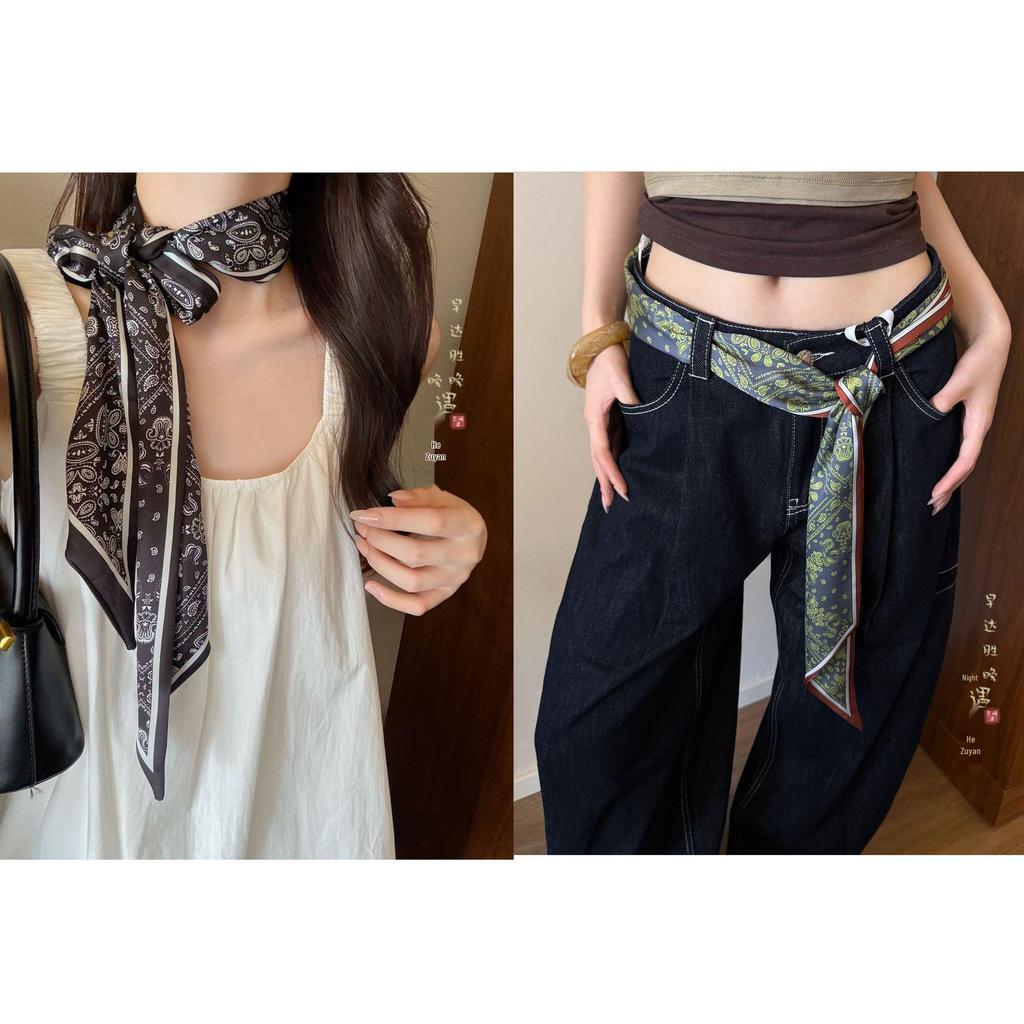 Cashmere Floral Silk Scarf: Women's Summer Thin Retro Ribbon, Neck Tie & Waist Accessory