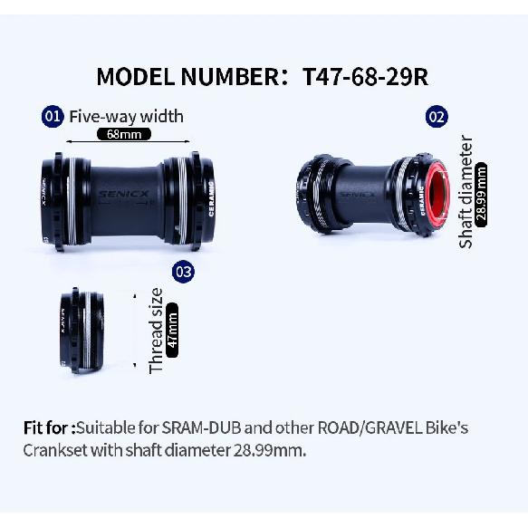 SENICX T47 Ceramic Bottom Bracket 68mm Shell Width Road Bike Central Movement Fit fo SRAM DUB Crankset with 28.99mm Dustproof BB