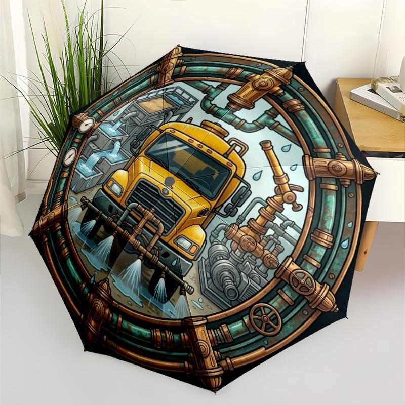 Industrial Water Treatment Truck Pattern Umbrella, Portable and Foldable Design, 8 Ribs, a Casual Accessory for Friend's Birthday Gifts.