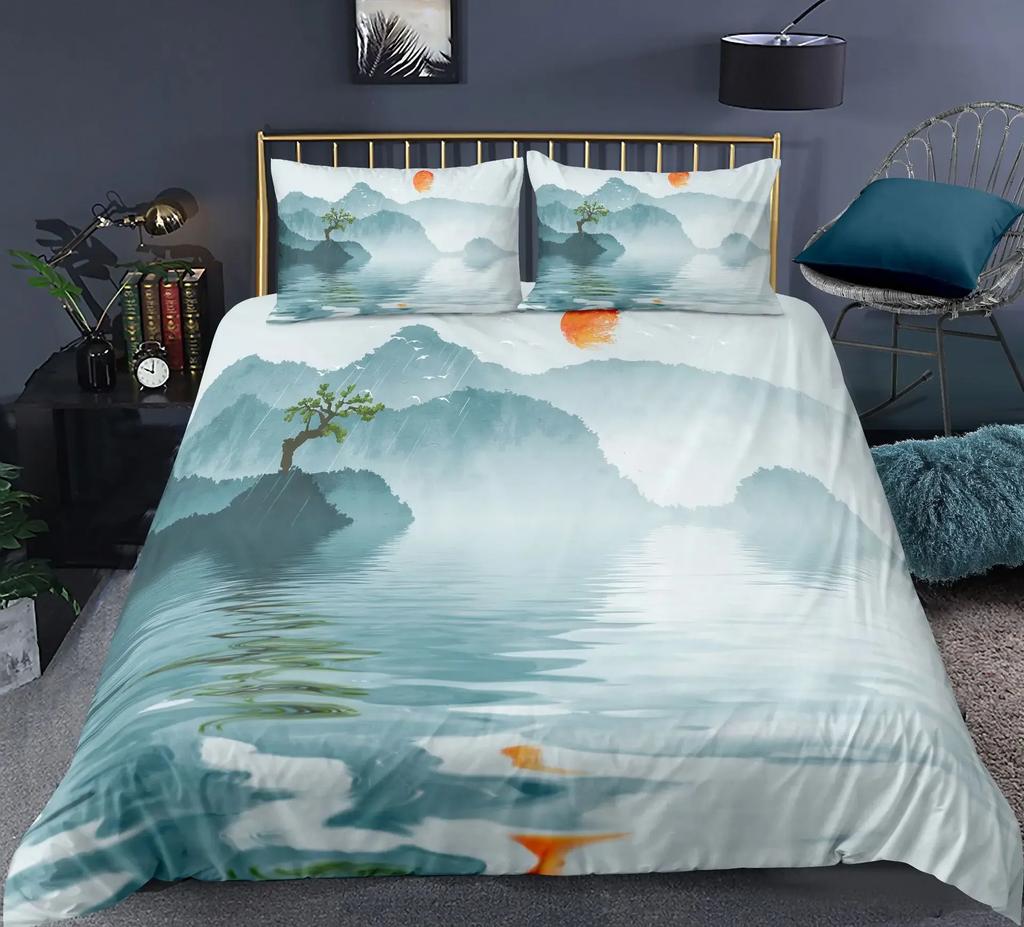 Nature Landscape Duvet Cover King/Queen Size,Chinese Ink Painting Style Bedding Set Mountain River 2/3Pcs Polyester Quilt Cover