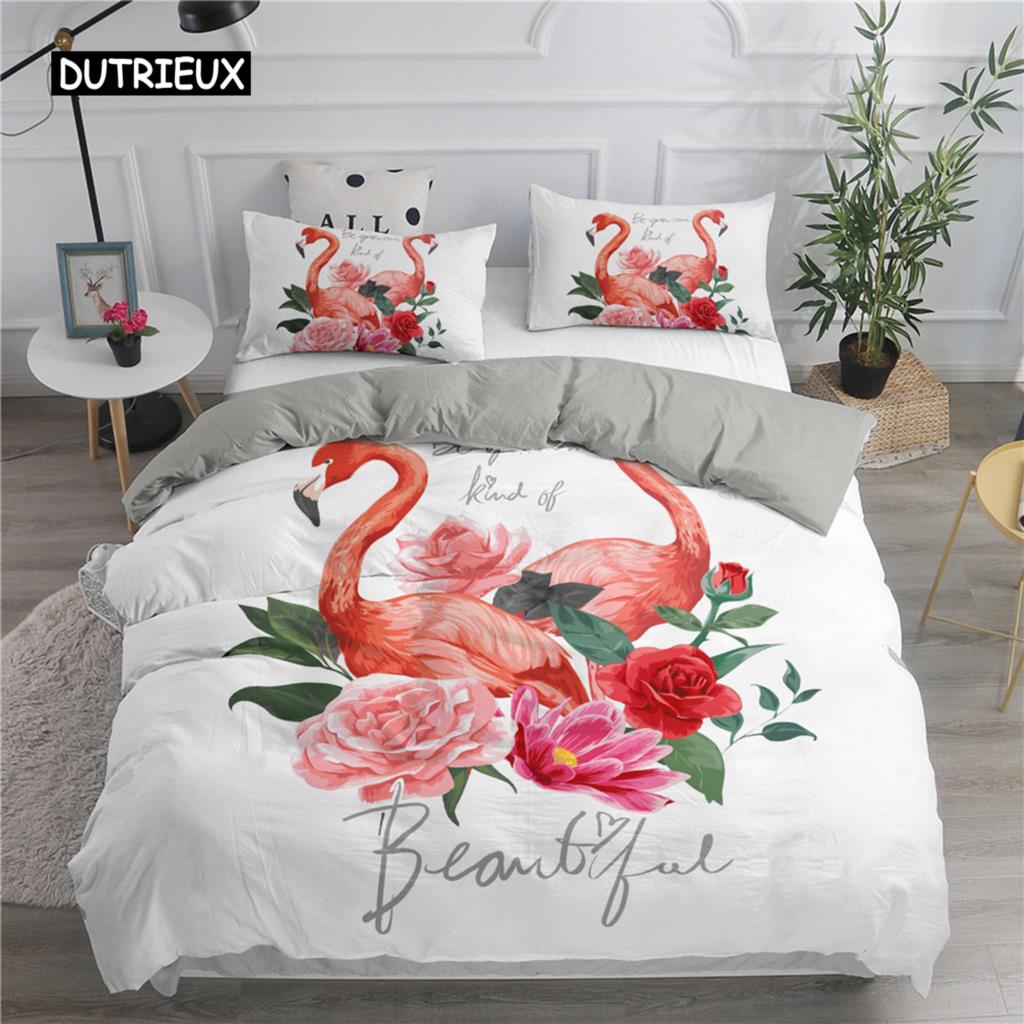 Cartoon Pink Flamingo Bedding Set Girls Kids Teens Cute Duvet Cover Set Single Twin Queen King Size 2/3pcs Polyester Quilt Cover