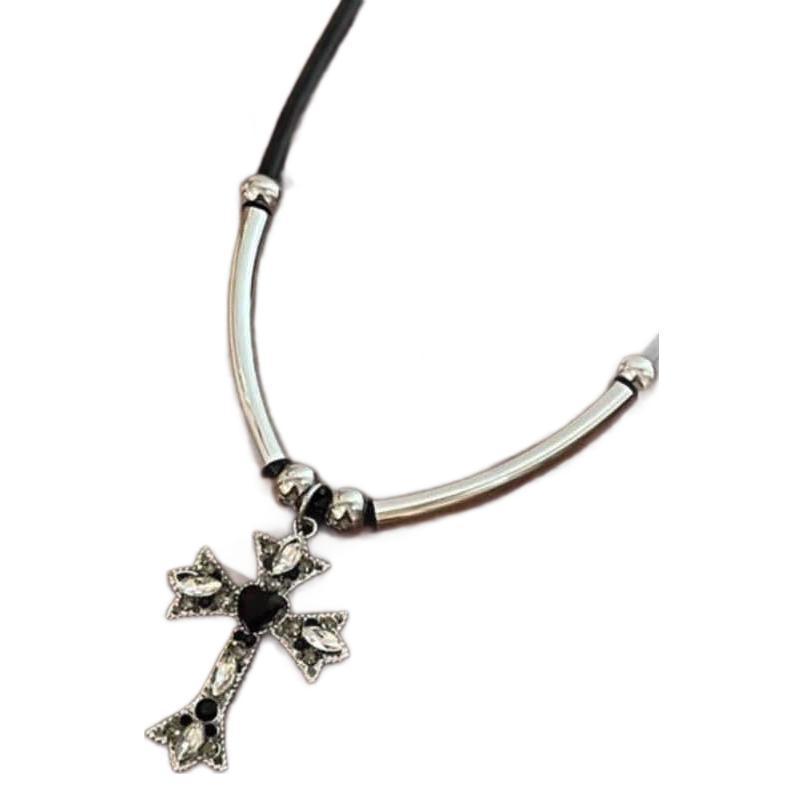 Black Splicing Cold Wind Cross Necklace Street Hip Hop Niche Personality Neutral Sweater Chain Collarbone Neck Chain