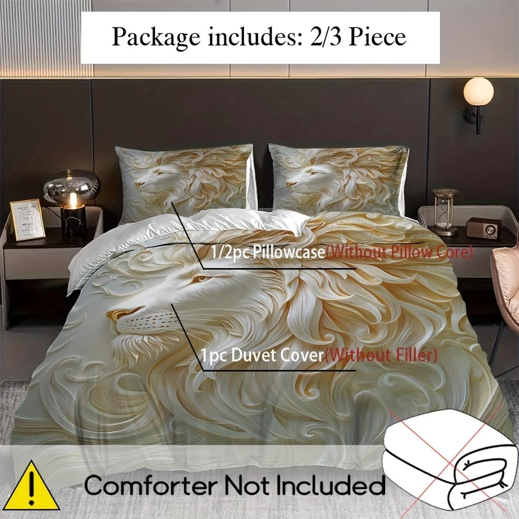 2/3Pcs Lion Duvet Cover Set, 1 Duvet Cover + 1/2 Pillowcase, Without Core Elegant White 3D Relief Lion Pattern Luxury Decorative